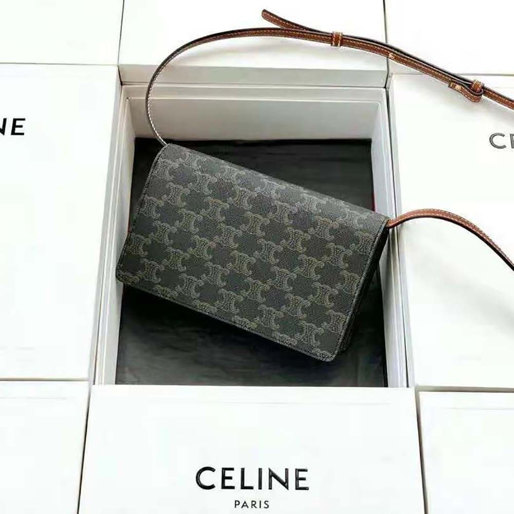 Ví Celine Women Wallet on Strap in Triomphe Canvas and Smooth Lambskin-Tan