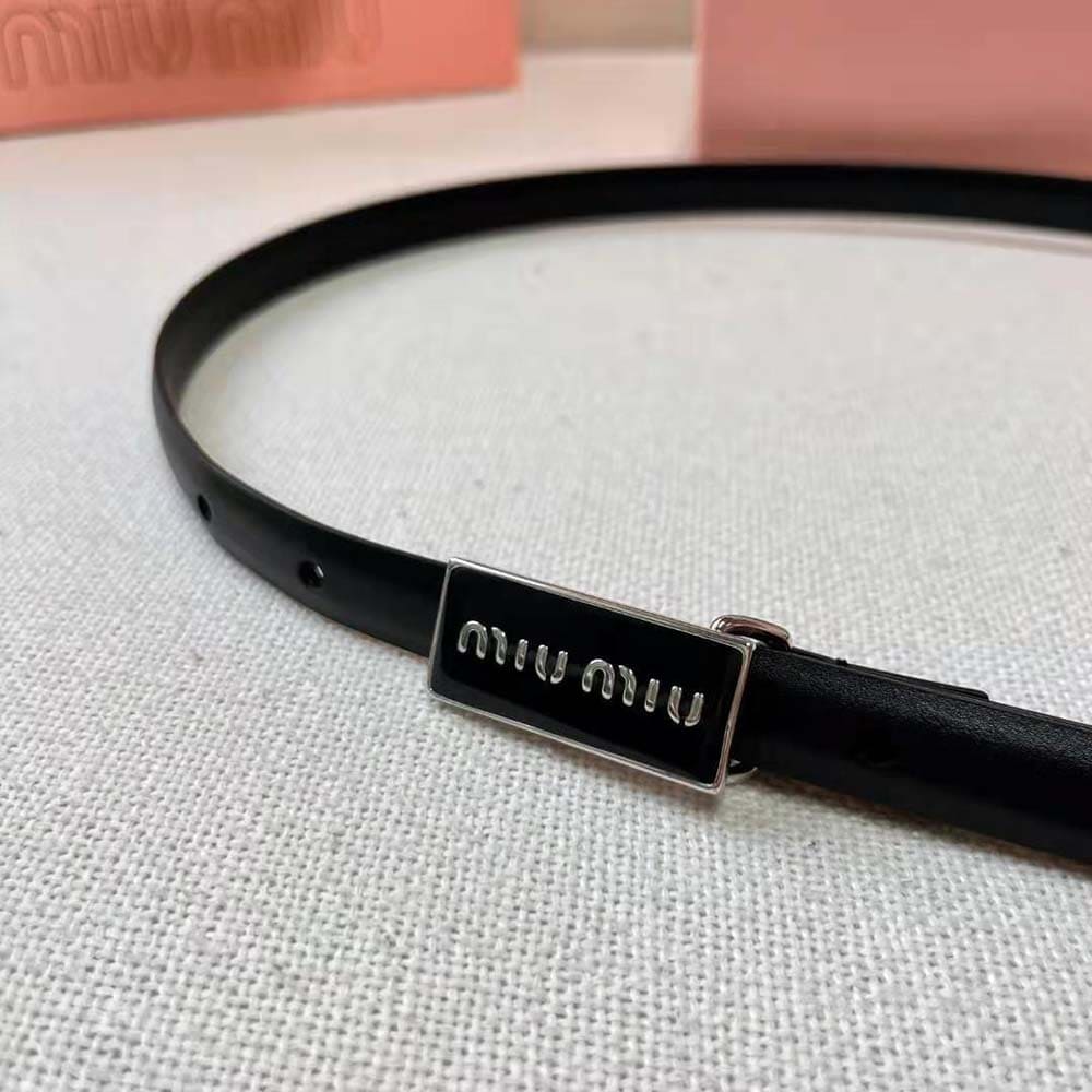 DÂY LƯNG Miu Miu Women Brushed Leather Belt with Enameled Metal Buckle-Black