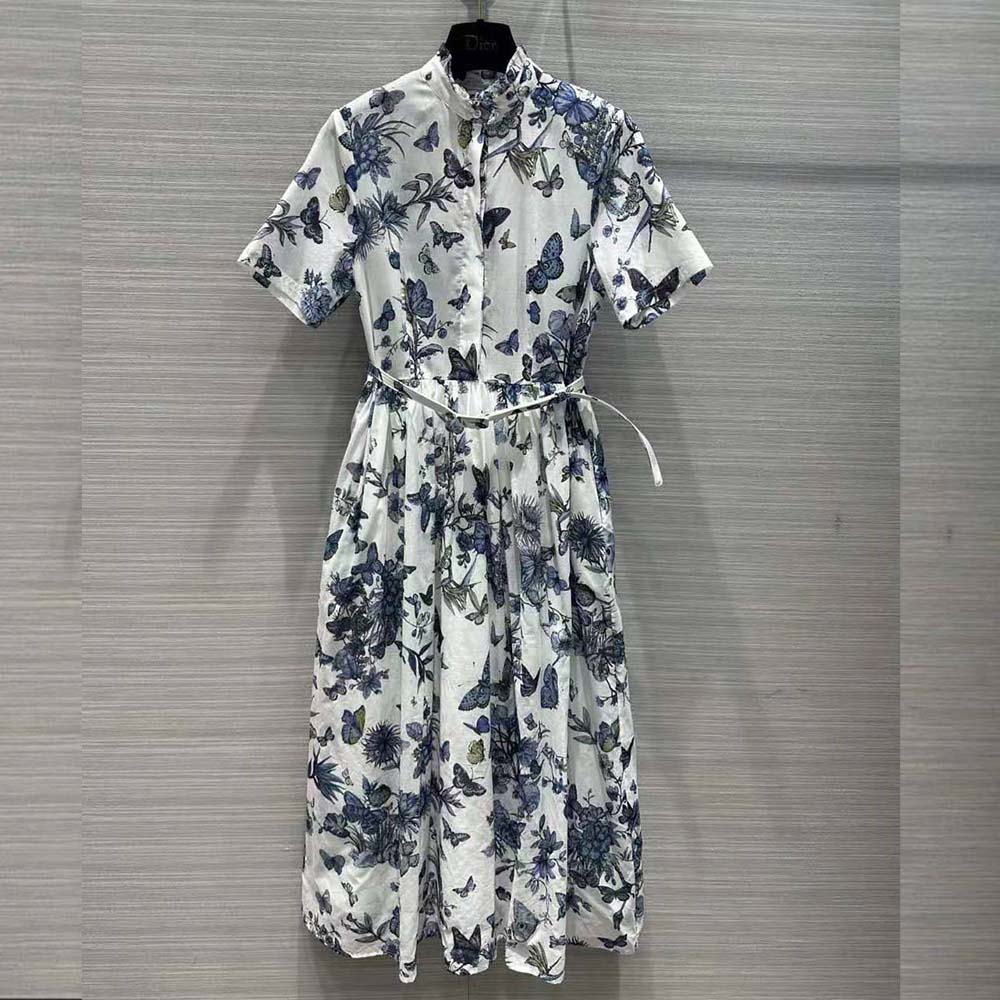 VÁY Dior Mid-length Shirt Dress White and Pastel Midnight Blue Cotton Voile