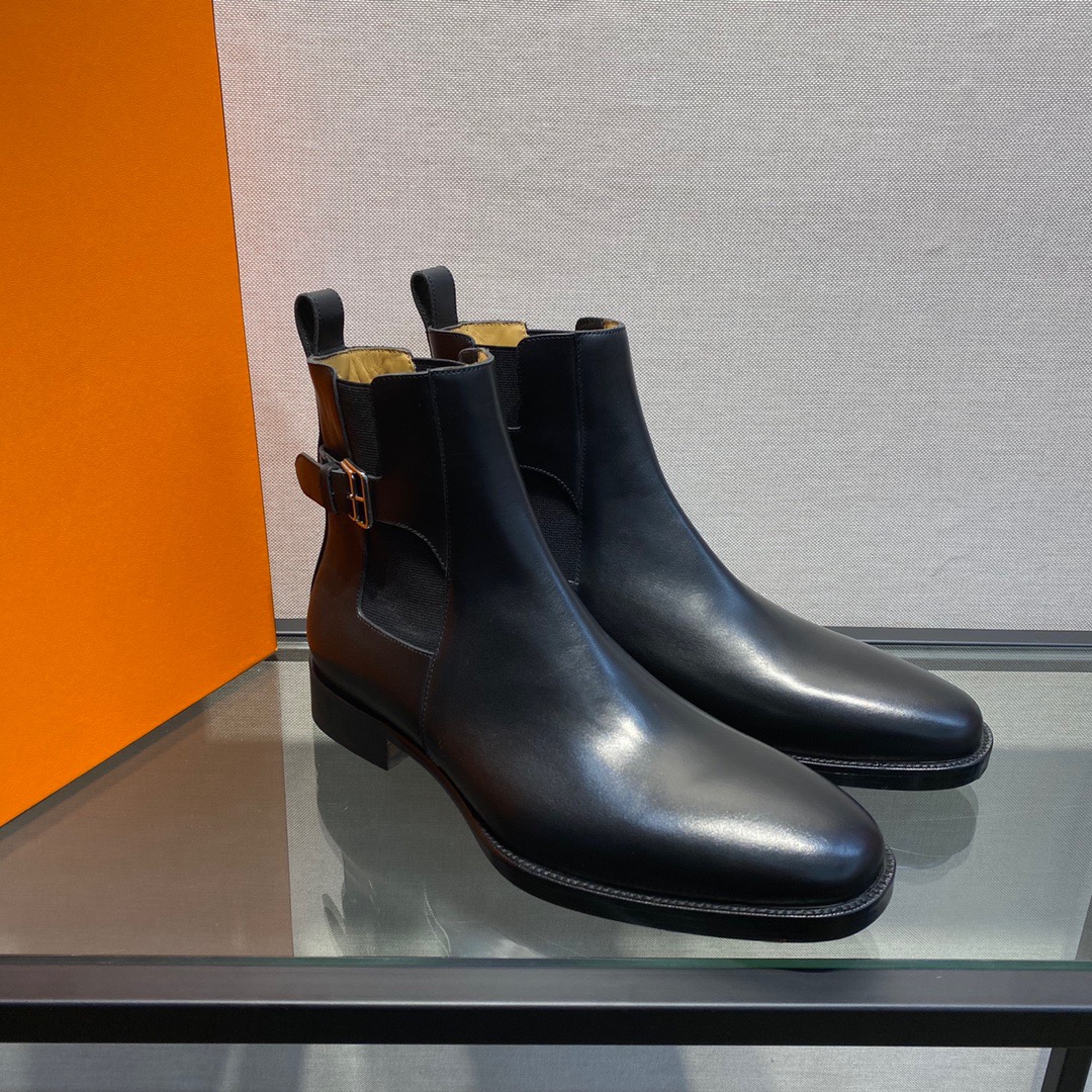 GIÀY HERMES BLACK LEATHER BOOTS SHOES