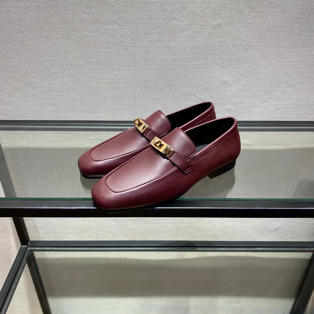 GIÀY HERMES KELLY LEATHER BURGUNDY LOAFER SHOES