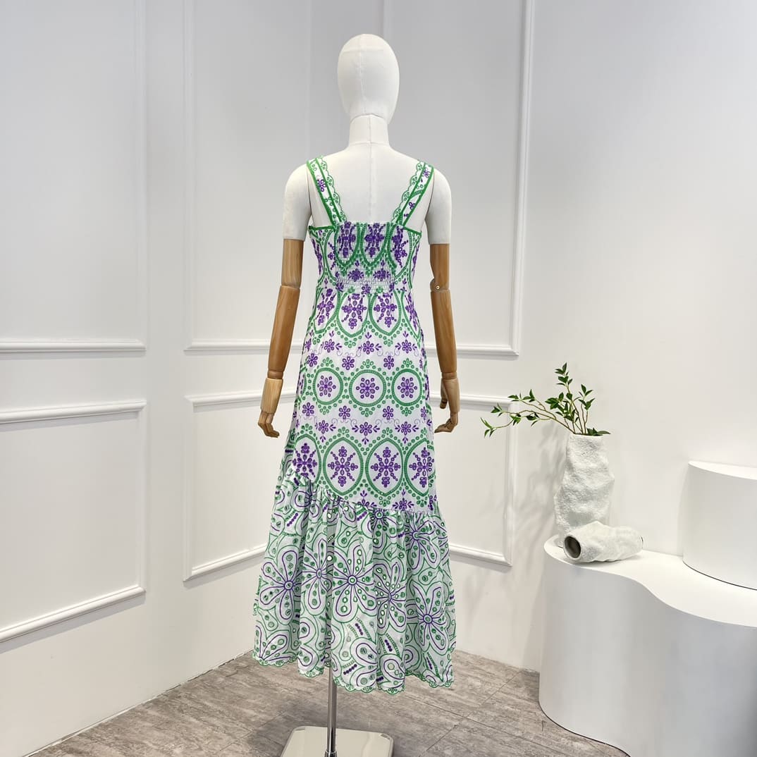 VÁY ZIMMERMANN Green Purple White Hollow Embroidery Irregular Hem Dress High Classy