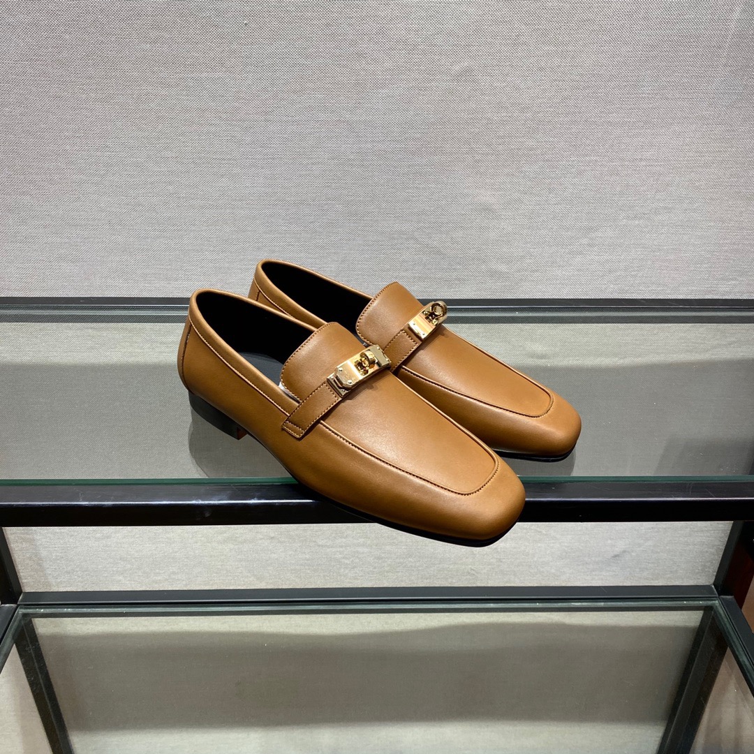 GIÀY HERMES KELLY LEATHER BROWN LOAFER SHOES