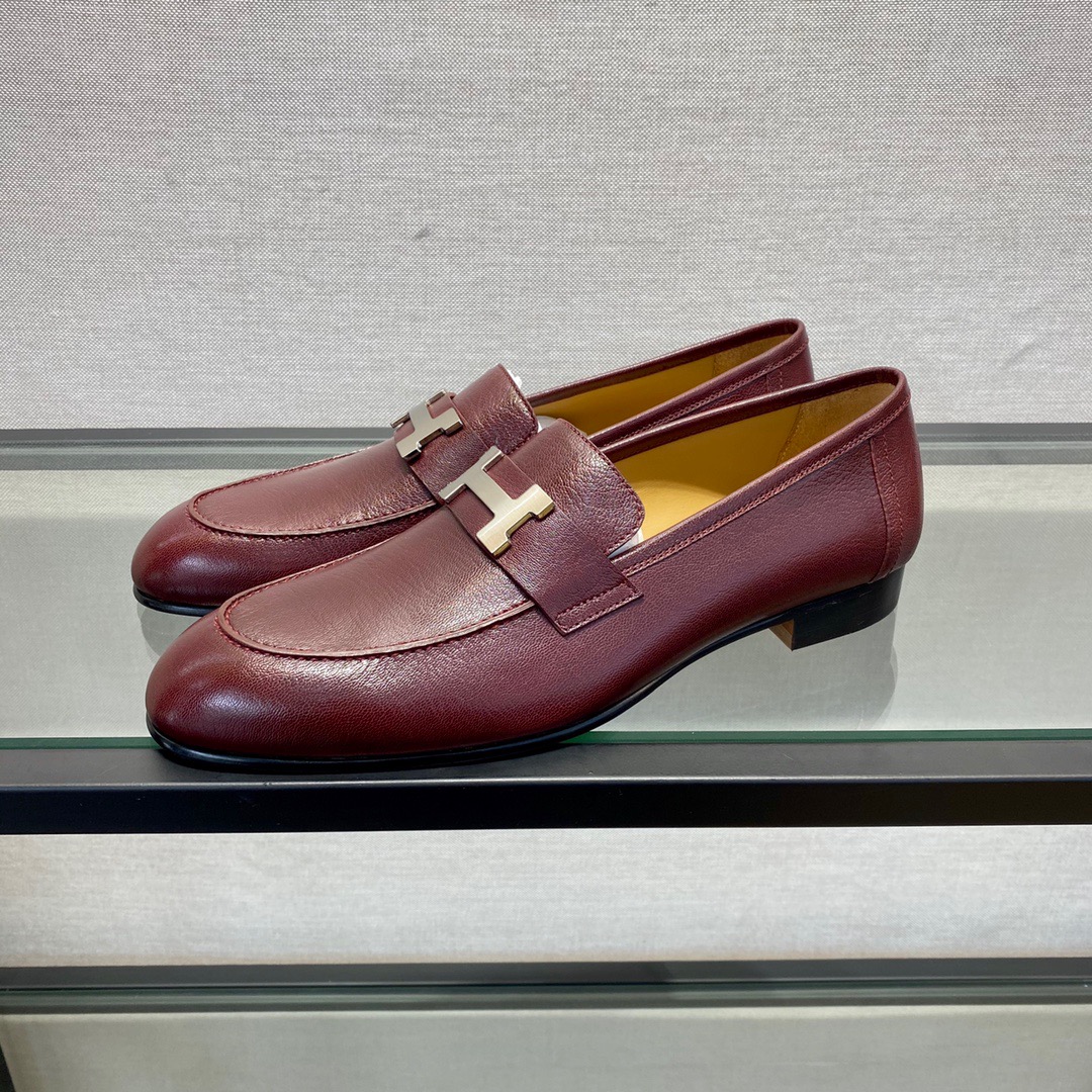 GIÀY HERMES LEATHER BURGUNDY LOAFER SHOES