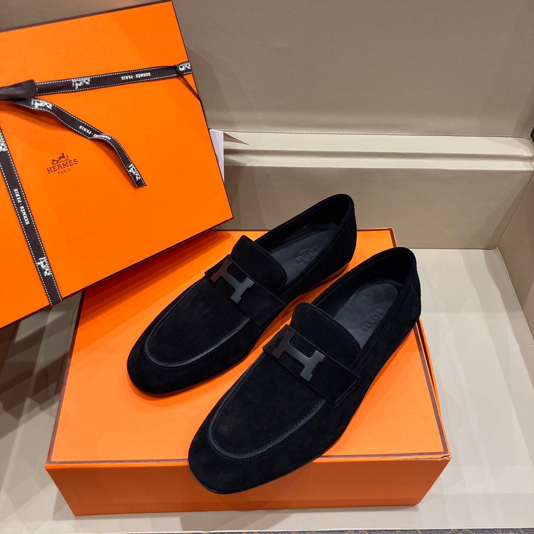 GIÀY HERMES SUEDE LEATHER BLACK LOAFER SHOES