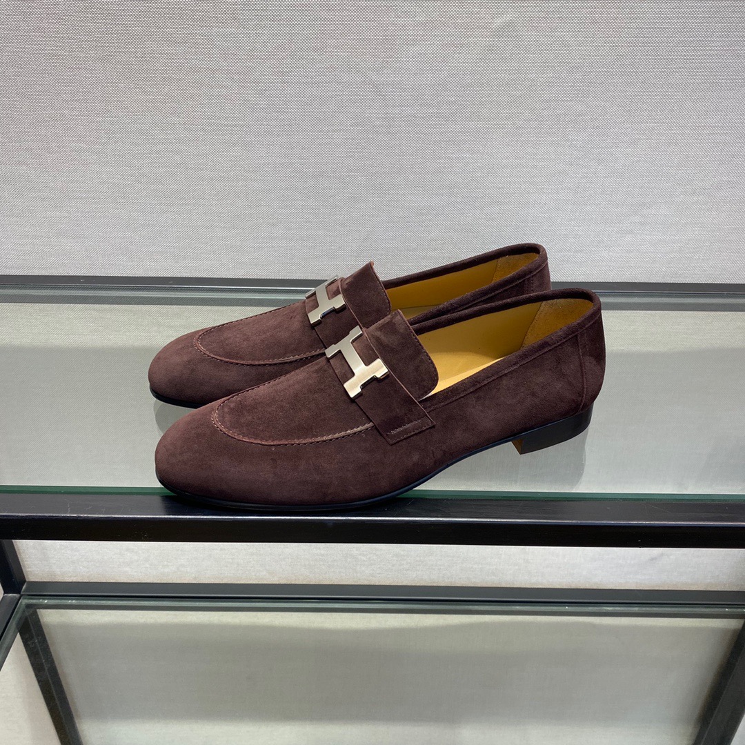 GIÀY HERMES SUEDE LEATHER BROWN LOAFER SHOES