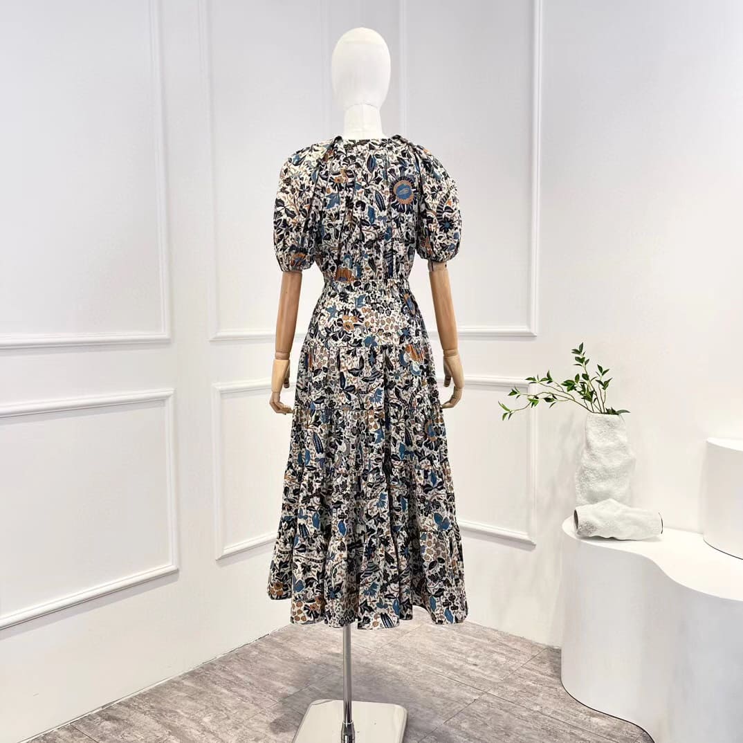 VÁY CAMILLA Summer Vacation Original V-Neck Floral Cotton Balloon Sleeve Midi Dress High Classy