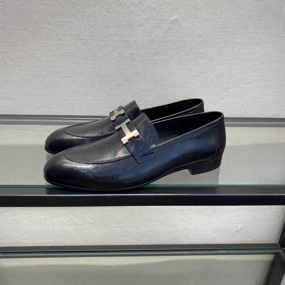 GIÀY HERMES LEATHER BLACK LOAFER SHOES