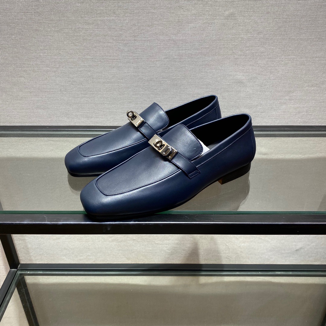 GIÀY HERMES KELLY LEATHER BLUE LOAFER SHOES