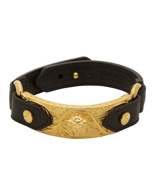 Versace Black And Gold Leather Medusa Bracelet
