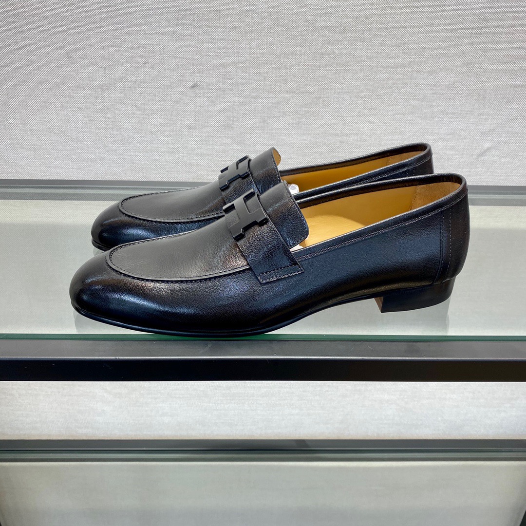 GIÀY HERMES LEATHER BLACK LOAFER SHOES
