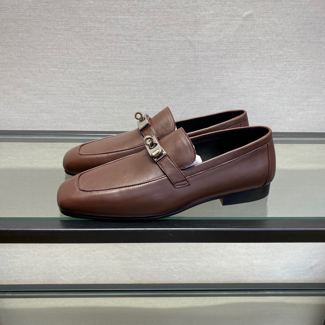 GIÀY HERMES KELLY LEATHER BROWN LOAFER SHOES