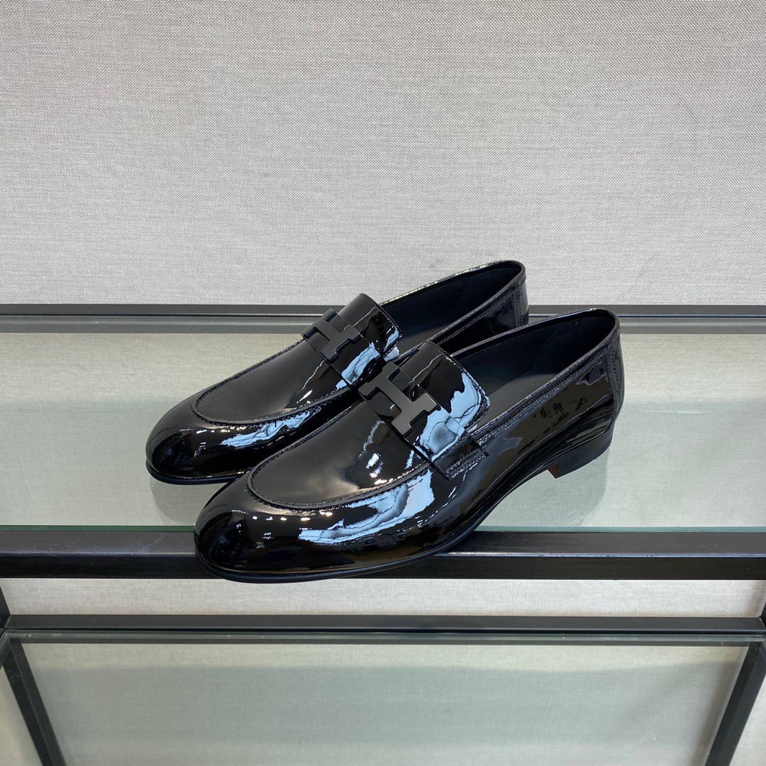 GIÀY HERMES GLOSS LEATHER BLACK LOAFER SHOES