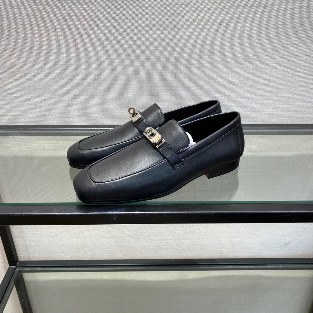 GIÀY HERMES KELLY LEATHER BLACK LOAFER SHOES
