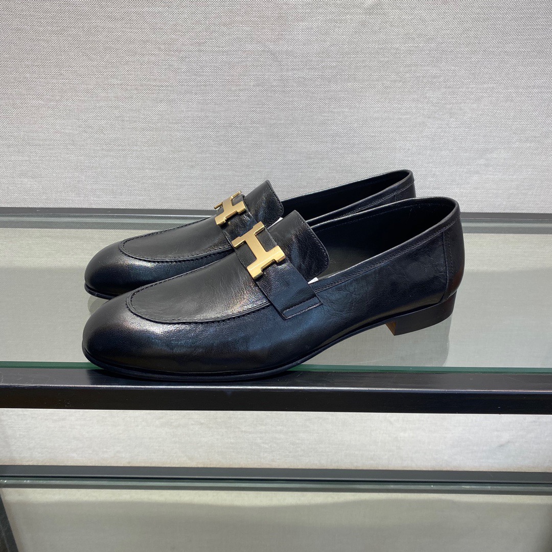 GIÀY HERMES LEATHER BLACK LOAFER SHOES