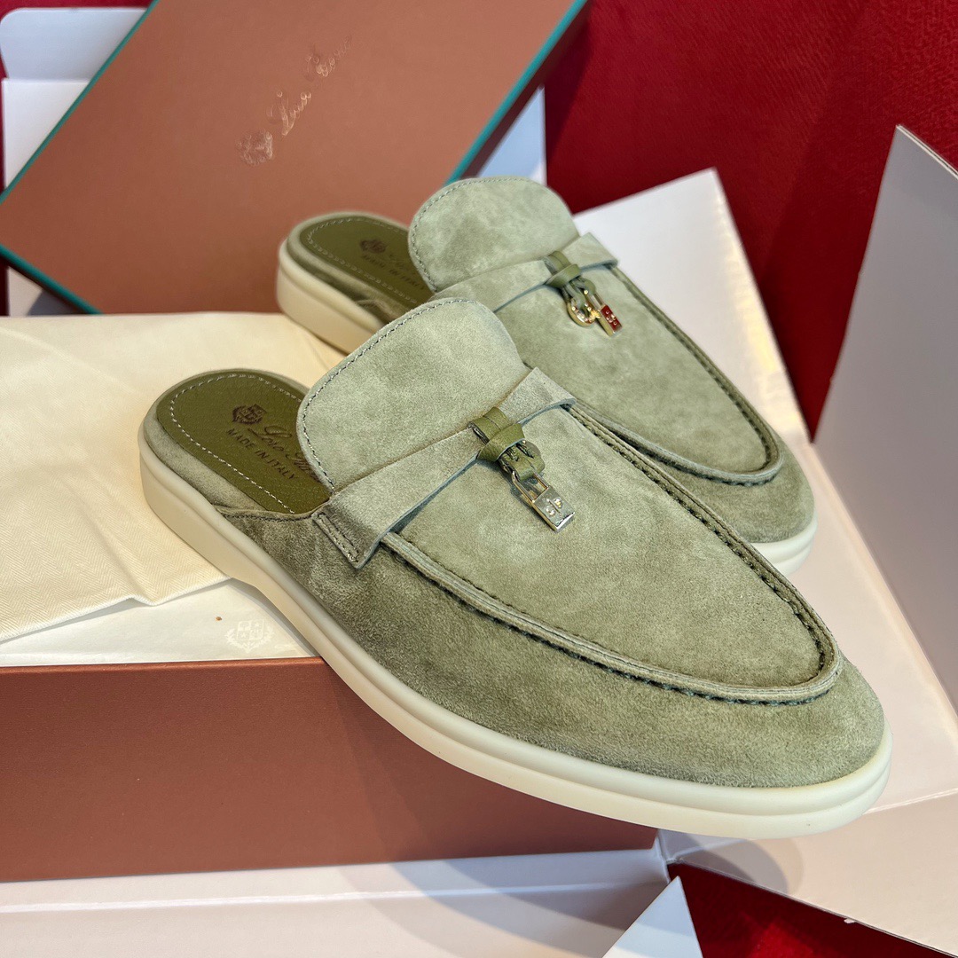 GIÀY LORO PIANA SLIDER OLIVE SUEDE LEATHER