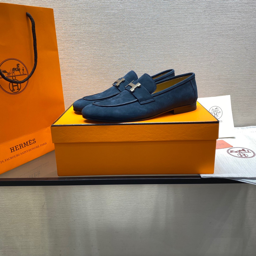 GIÀY HERMES SUEDE LEATHER BLUE LOAFER SHOES