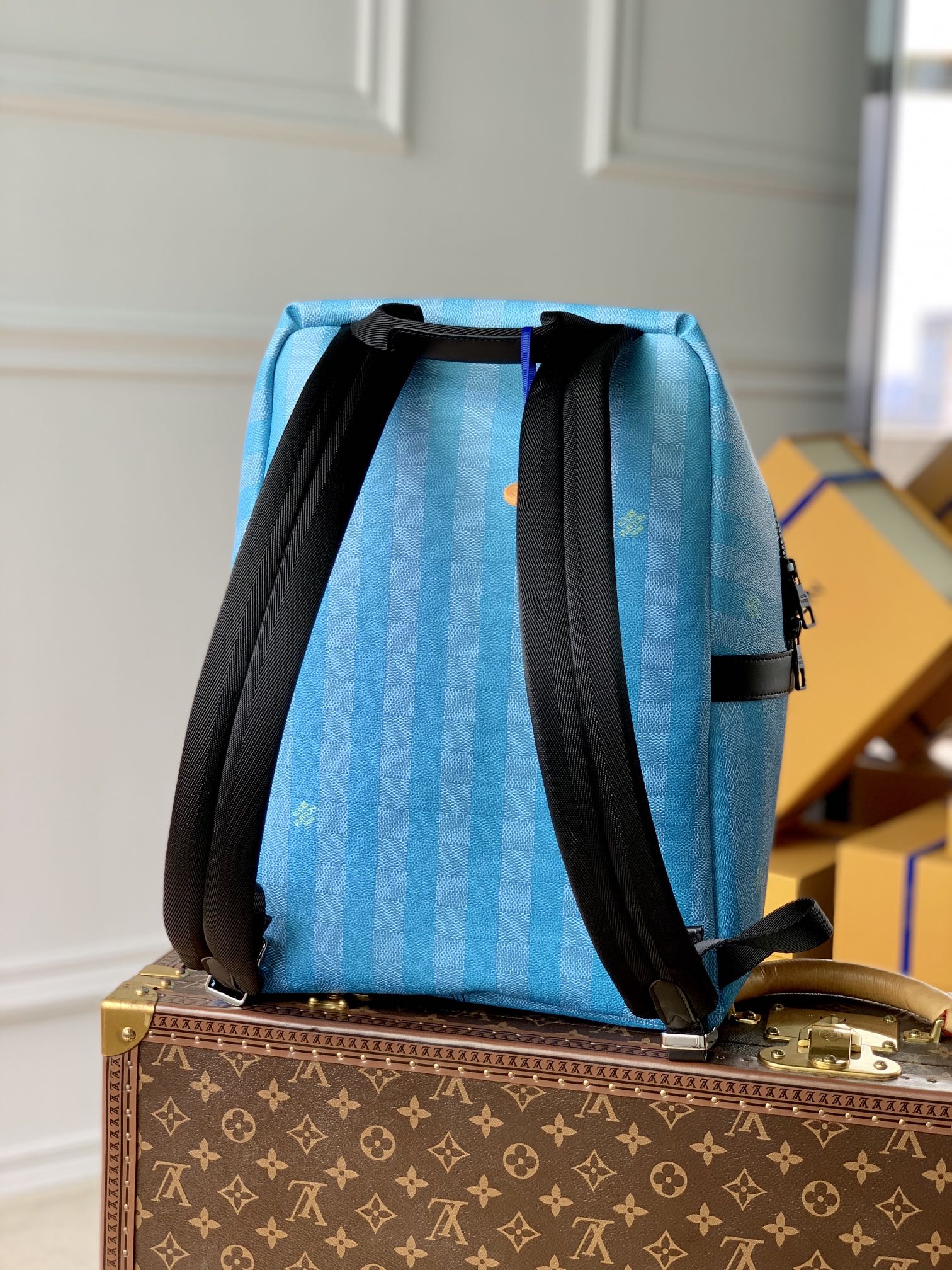 BALO LOUIS VUITTON DISCOVERY DAMIER STRIPES Leather Backpack-Blue