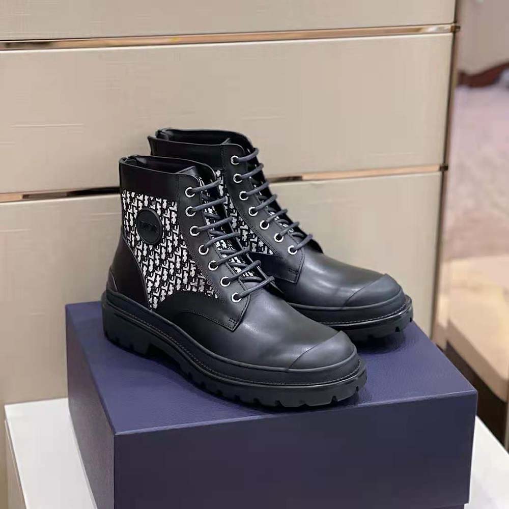 GIÀY Dior Explorer Ankle Boot Black Smooth Calfskin and Beige and Black Dior Oblique Jacquard