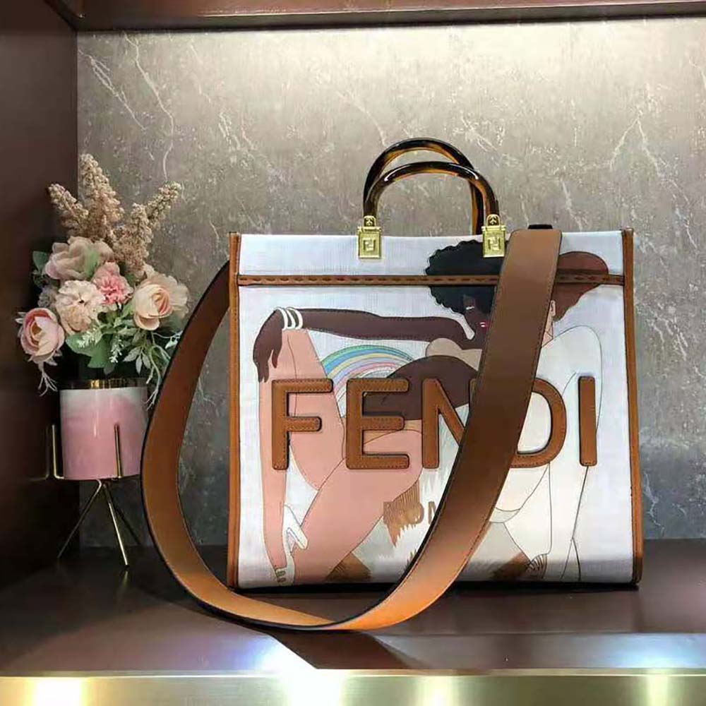 TÚI Fendi Women Sunshine Medium FF white Glazed Fabric Shopper with Inlay