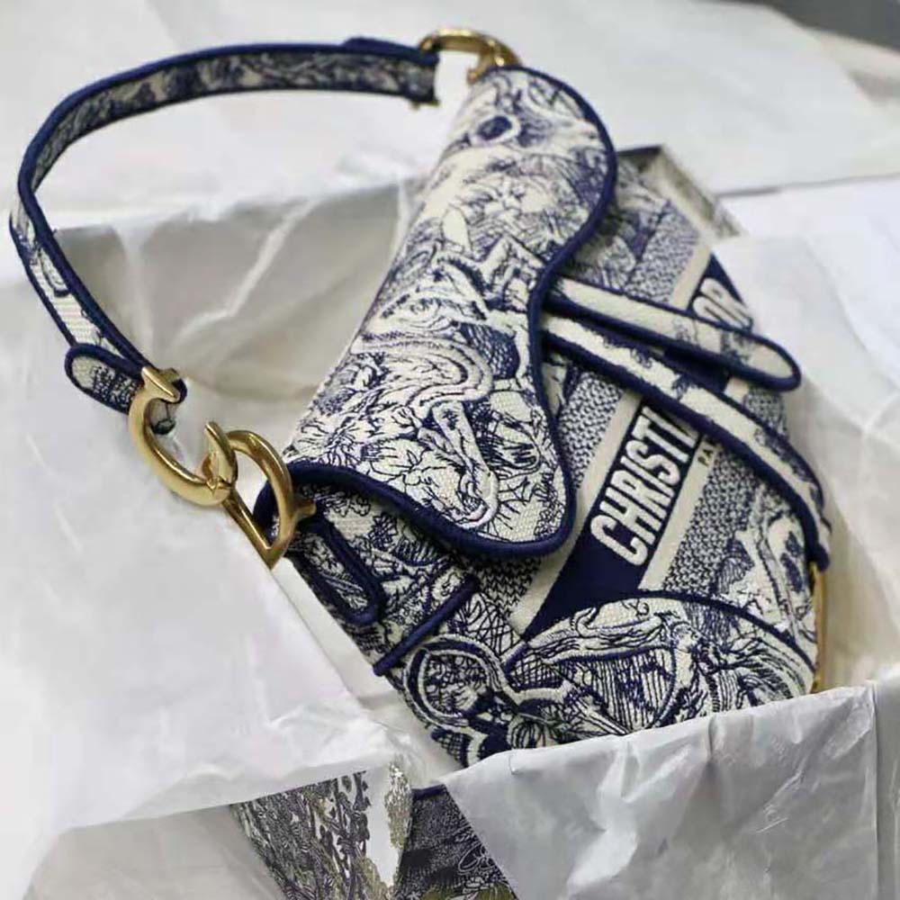 TÚI Dior Women Saddle Bag Blue Toile de Jouy Embroidery