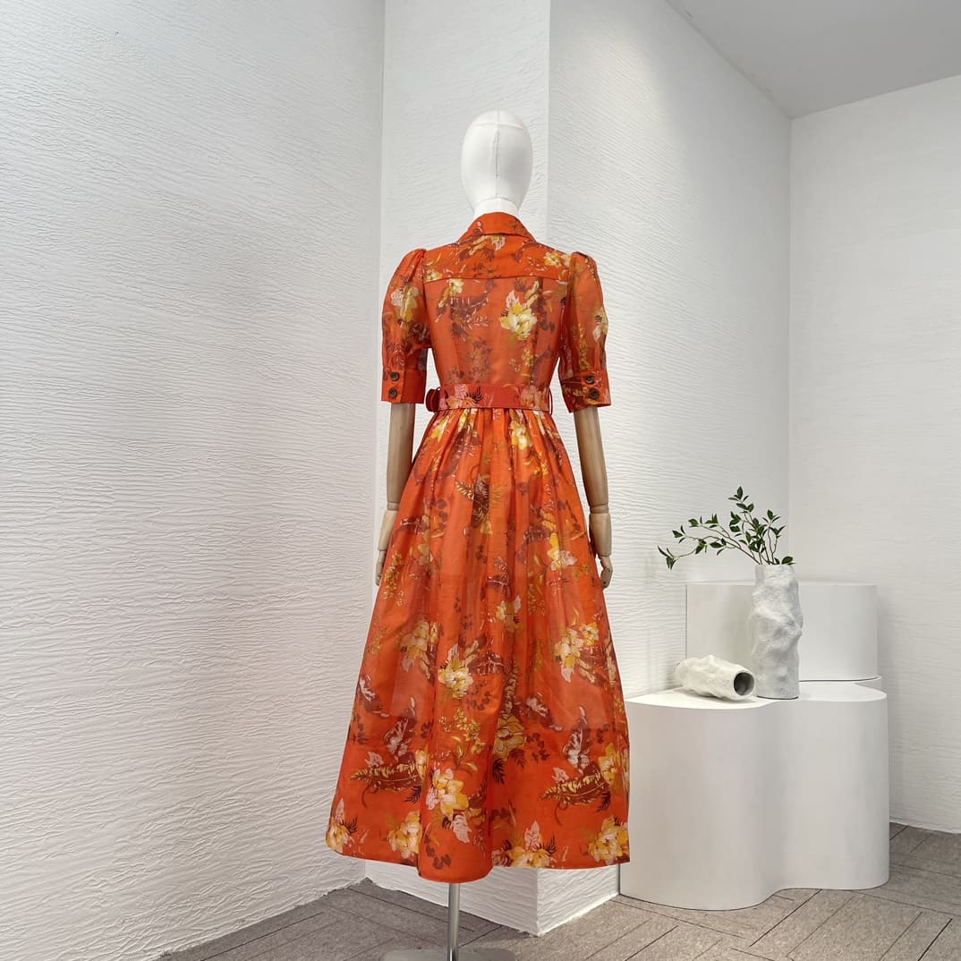 VÁY ZIMMERMANN Holiday Orange Short Sleeve Floral Print Midi Dress High Classy
