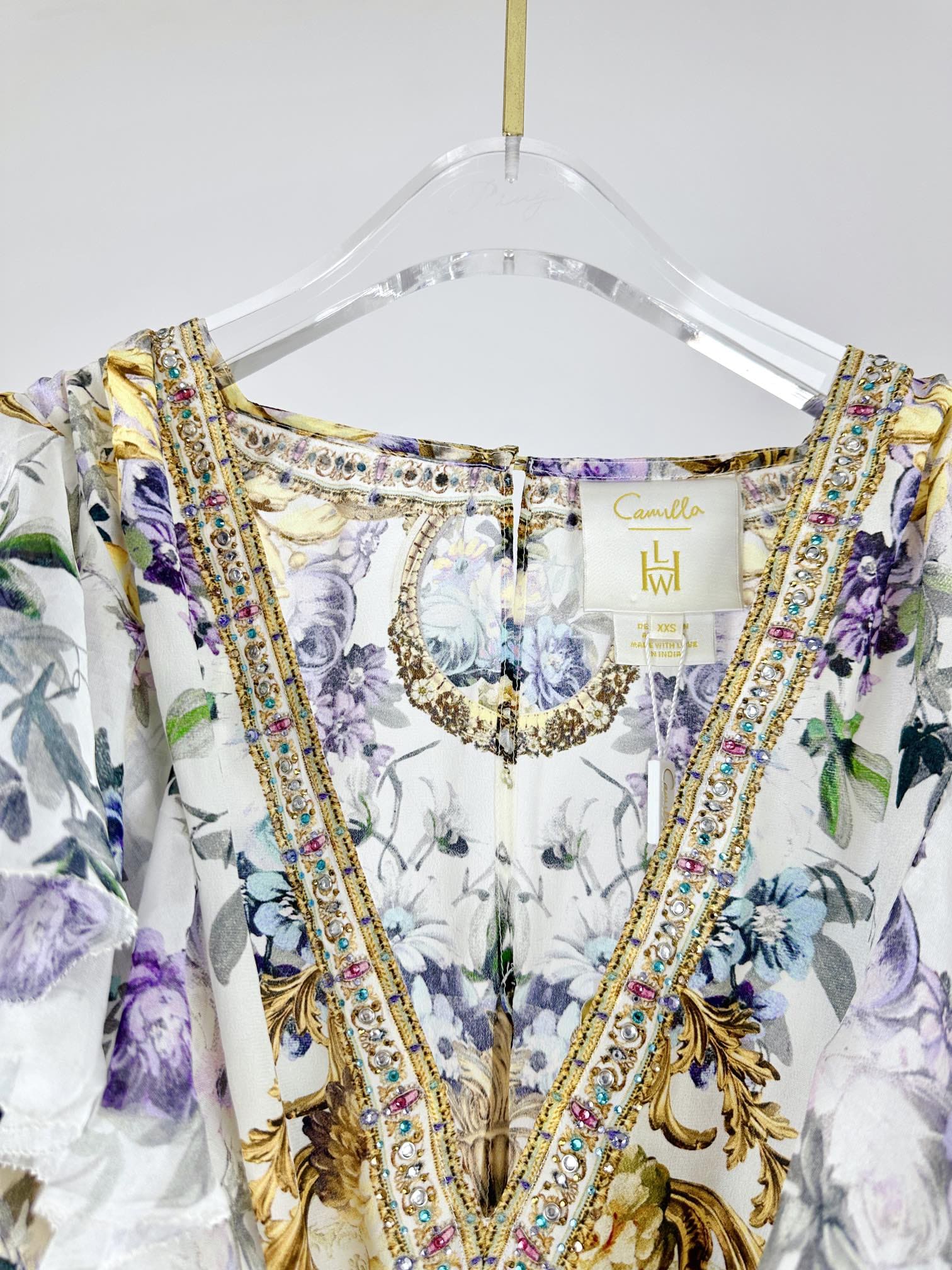 VÁY CAMILLA Silk Blue Cardigan Embellished V-Neck Maxi Dress High Classy NgắnTay