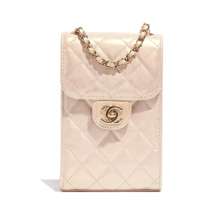 TÚI Chanel Phone Holder Lamb Metallic Pearl White