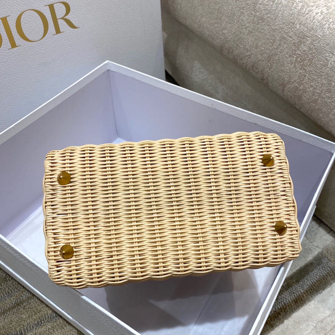 TÚI Dior Women Medium Lady Dior Bag Natural Wicker and Pink Dior Oblique Jacquard