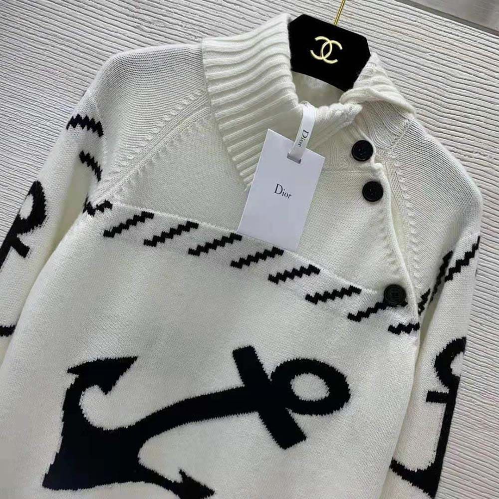 ÁO Dior Turtleneck Sweater Ecru and Navy Blue Wool and Cashmere Knit with Signature