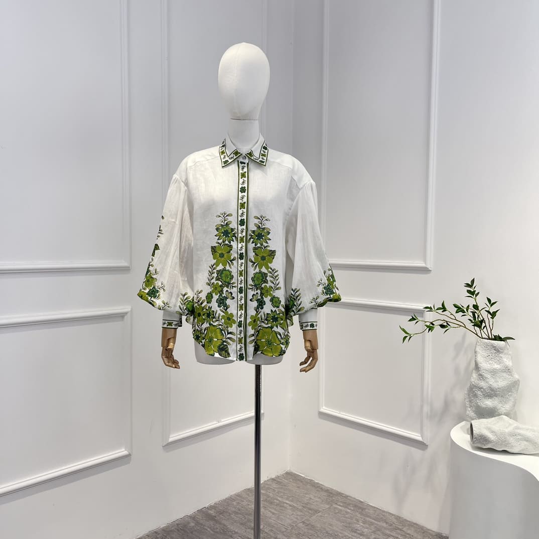VÁY ZIMMERMANN Green Floral Printing Folds Long Lantern Sleeve Blouse and Midi Skirt Woman Set High Classy