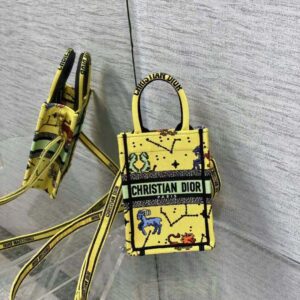 TÚI Dior Women Mini Dior Book Tote Phone Bag Yellow Multicolor Dior Pixel Zodiac Embroidery