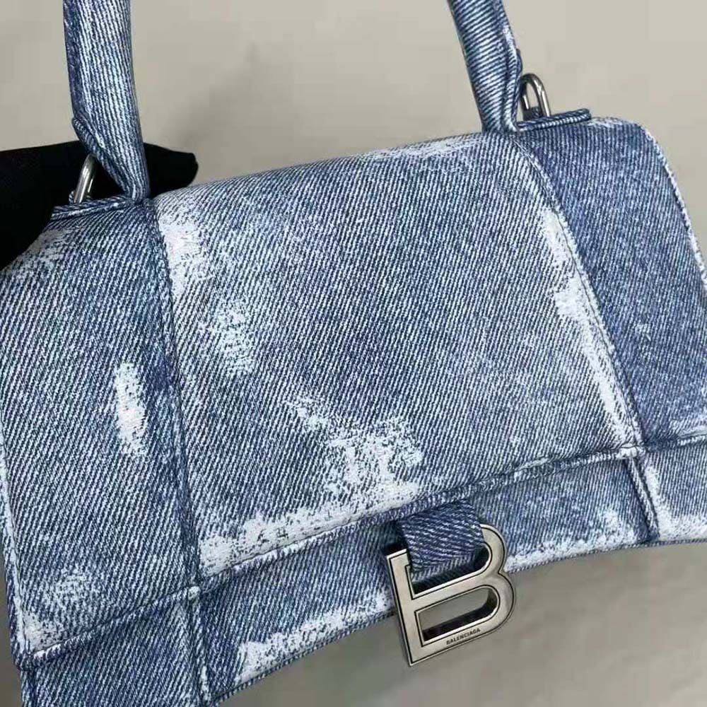 TÚI Balenciaga Women Hourglass Small Handbag Denim Printed in Indigo-Blue