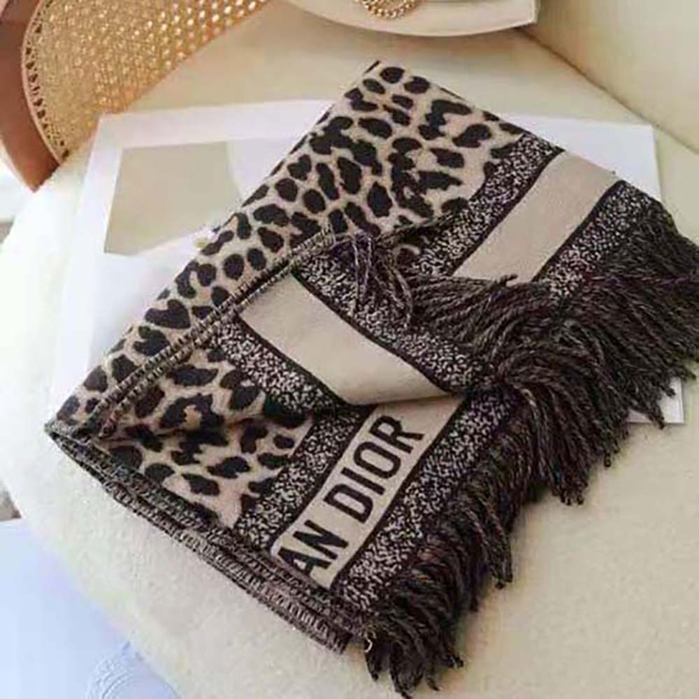 KHĂN Dior Women Mizza Reversible Blanket Beige Multicolor Virgin Wool and Silk