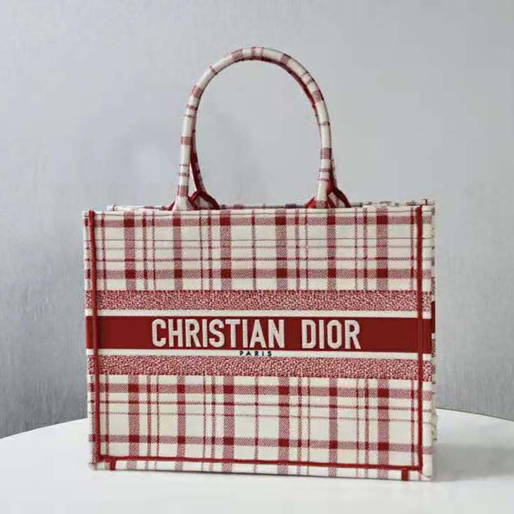 TÚI Dior Women Small Dior Book Tote Raspberry Check’n’Dior Embroidery