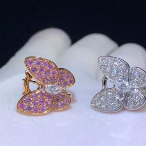 Bông tai Van Cleef & Arpels 2 butterflies kim cương sapphire hồng vàng hồng 18K
