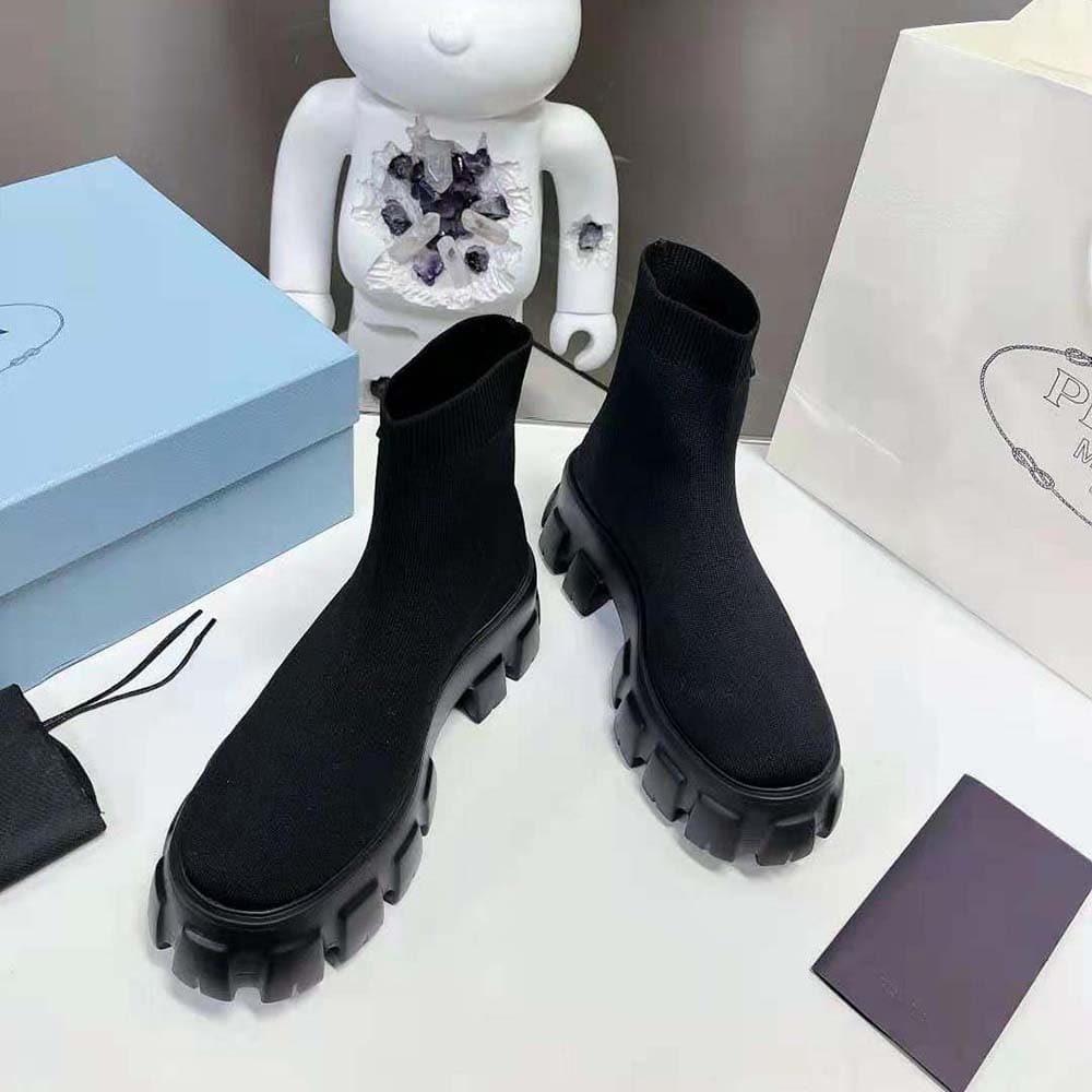 GIÀY Prada Women Monolith Knit Booties with Embossed Rubber Triangle Logo