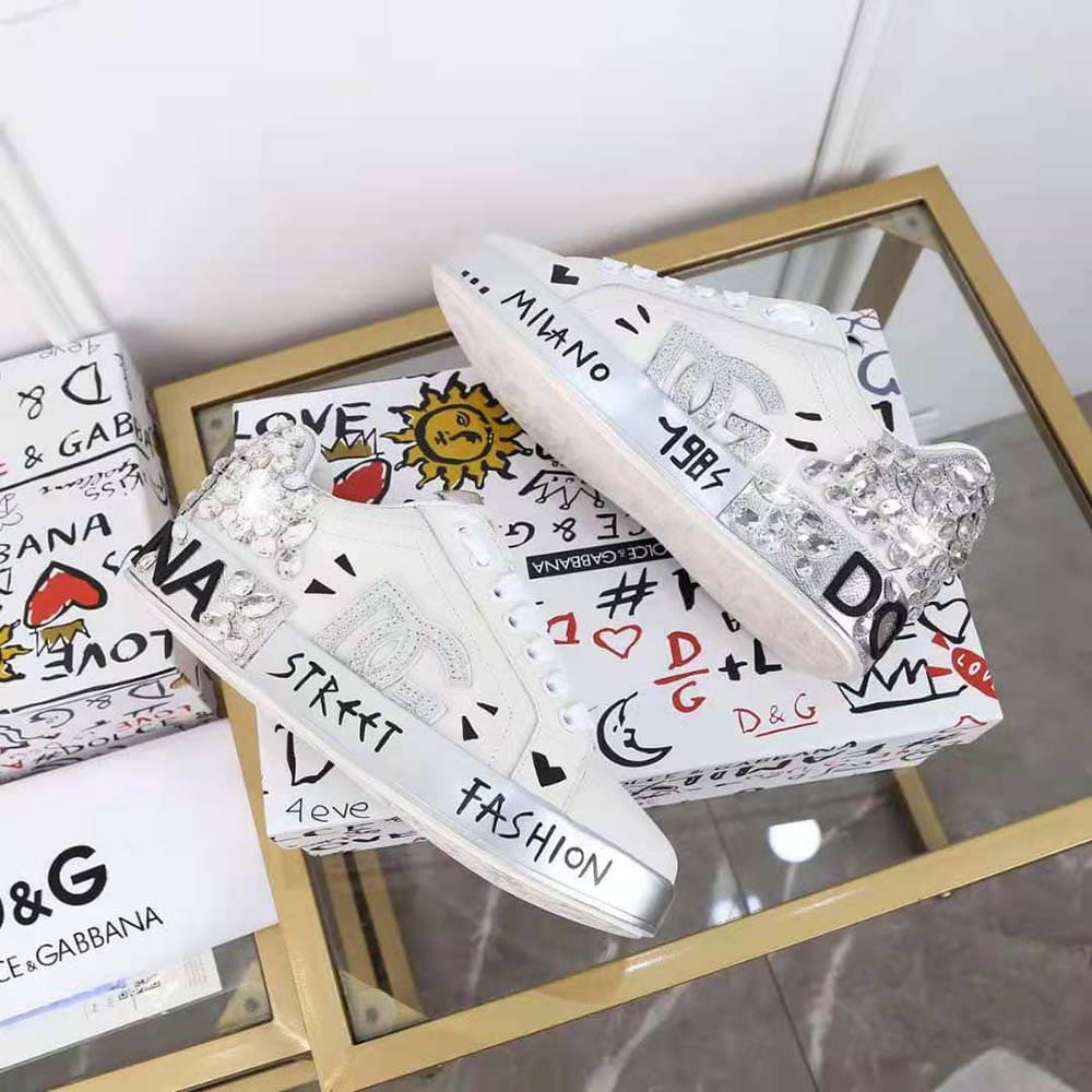GIÀY DOLCE & GABBANA Printed Calfskin Nappa Portofino Sneakers with DG Logo and Embroidery-Silver