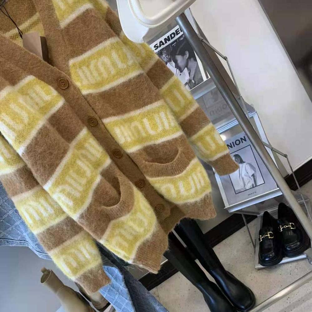ÁO Miu Miu Women Oversized Mohair Cardigan with Intarsia Logo-Yellow