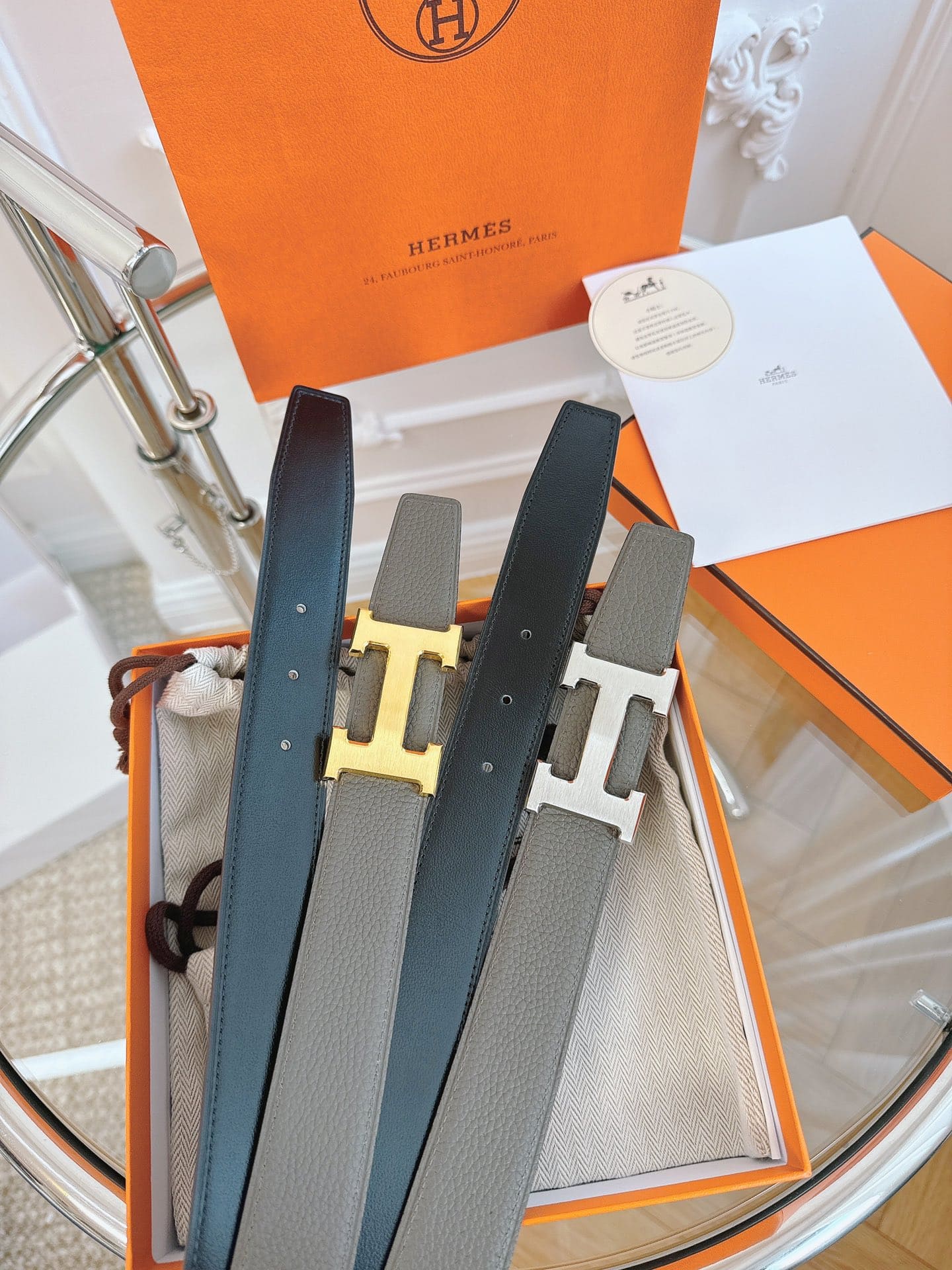 DÂY LƯNG HERMES H GRAY Togo leather hai mặt khóa bạc