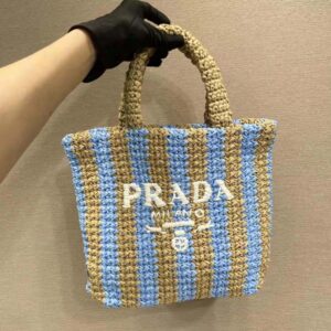 TÚI Prada Women Small Raffia Tote Bag with Embroidered Lettering Logo on the Front-Blue