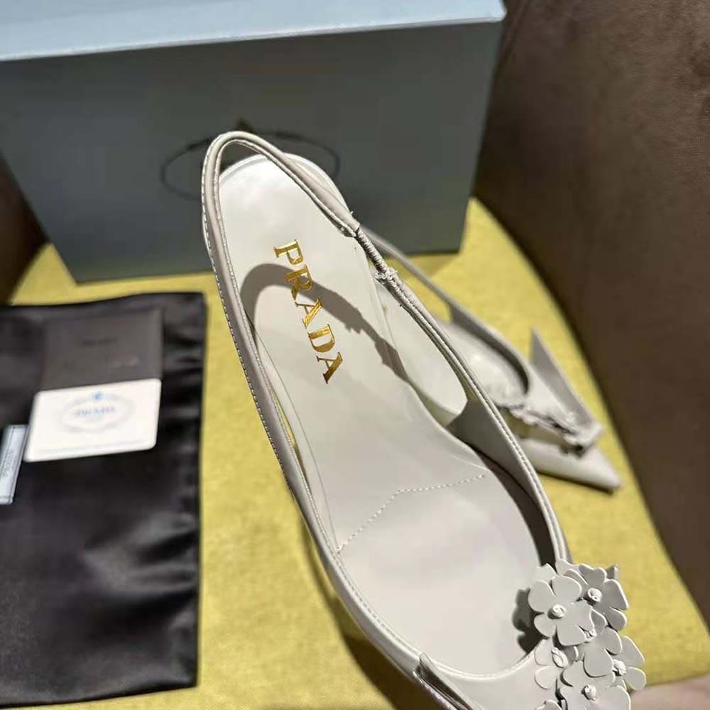 GIÀY Prada Women Brushed Leather Slingback Pumps with Floral Appliques-Gray
