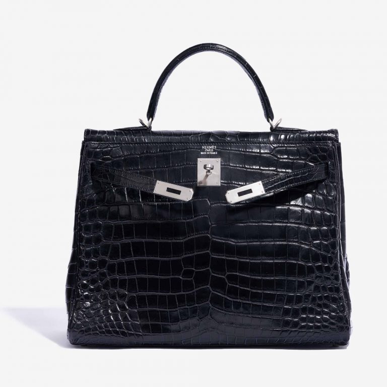 TÚI Hermès Kelly 35 Matte Niloticus Black Silver Buckle khóa trắng