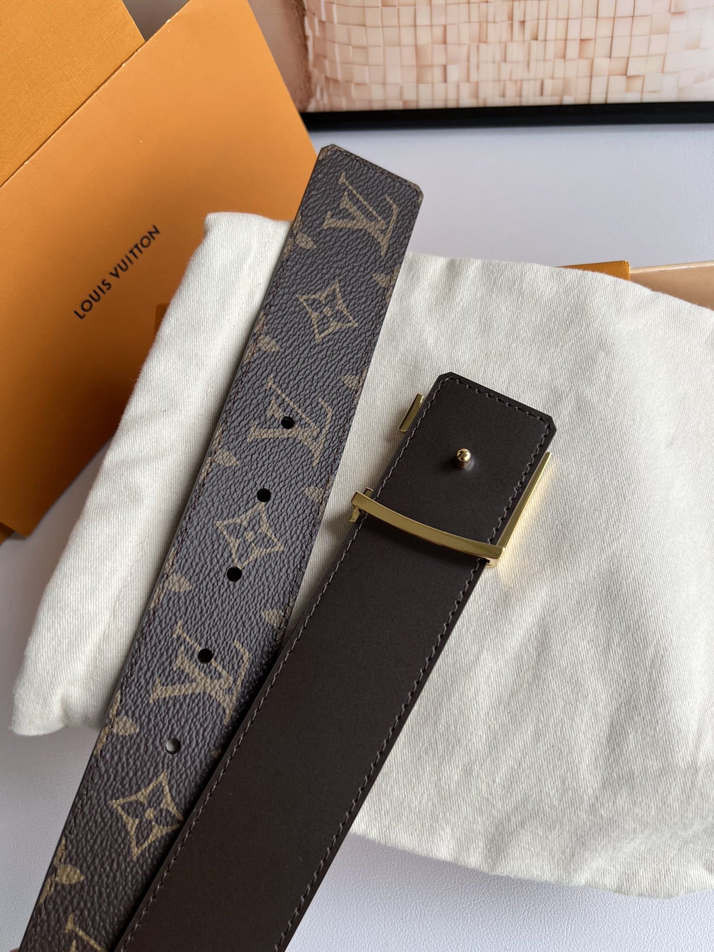 DÂY LƯNG LOUIS VUITTON BROWN MONOGRAM LEATHER Khóa vàng