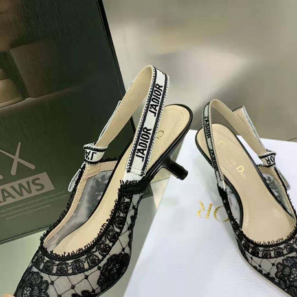 GIÀY Dior Women J’Adior Slingback Pump Black Transparent Mesh Embroidered with Dior Roses Motif