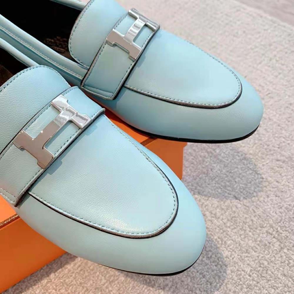GIÀY Hermes Women Paris Loafer in Calfskin with Palladium Plated Signature “H” Detail-Blue