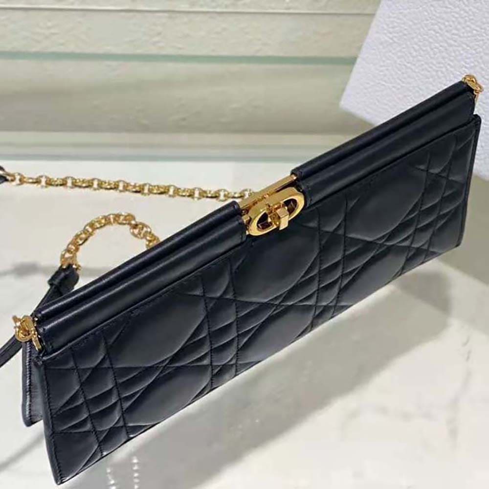 TÚI Dior Women Dior Caro Colle Noire Clutch with Chain Black Cannage Lambskin