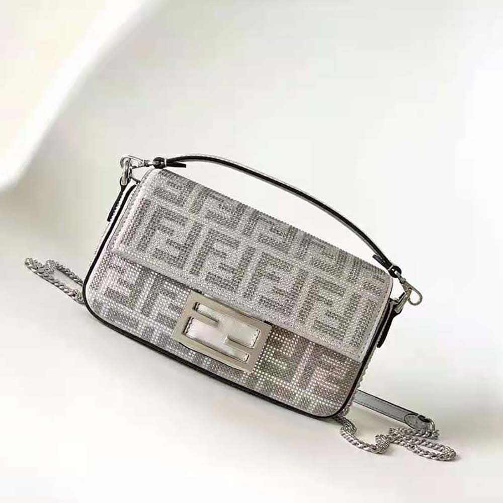 TÚI FENDI Women Baguette Mini Silver Leather Bag with Crystal FF Motif
