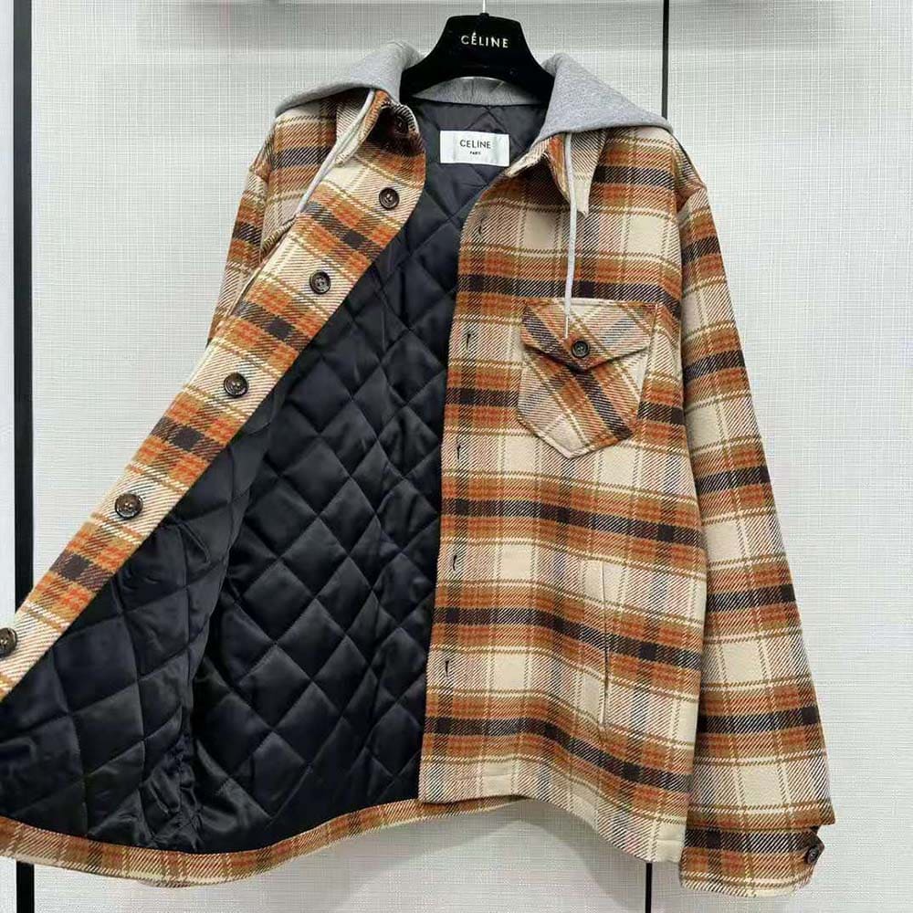 ÁO Celine Hooded Overshirt in Checked Wool