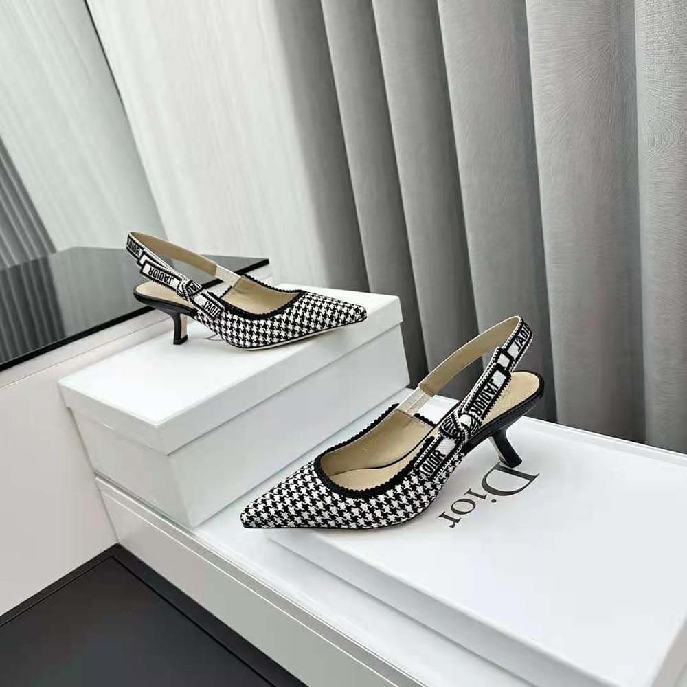 GIÀY Dior Women J’Adior Slingback Pump Black and White Micro-Houndstooth Embroidered Cotton